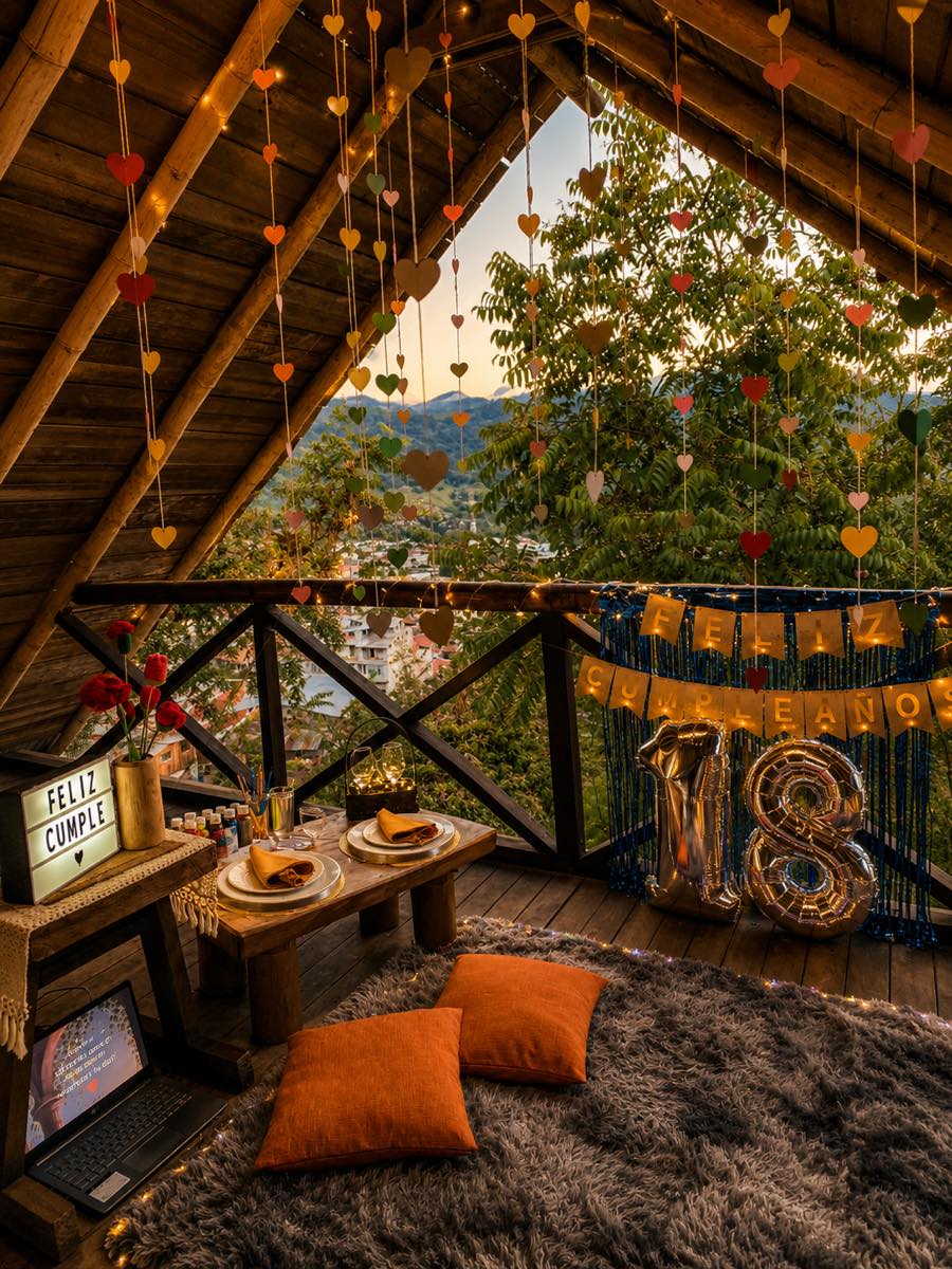 Decoración de picnic para cumpleaños en el mirador de Coyote Hostería